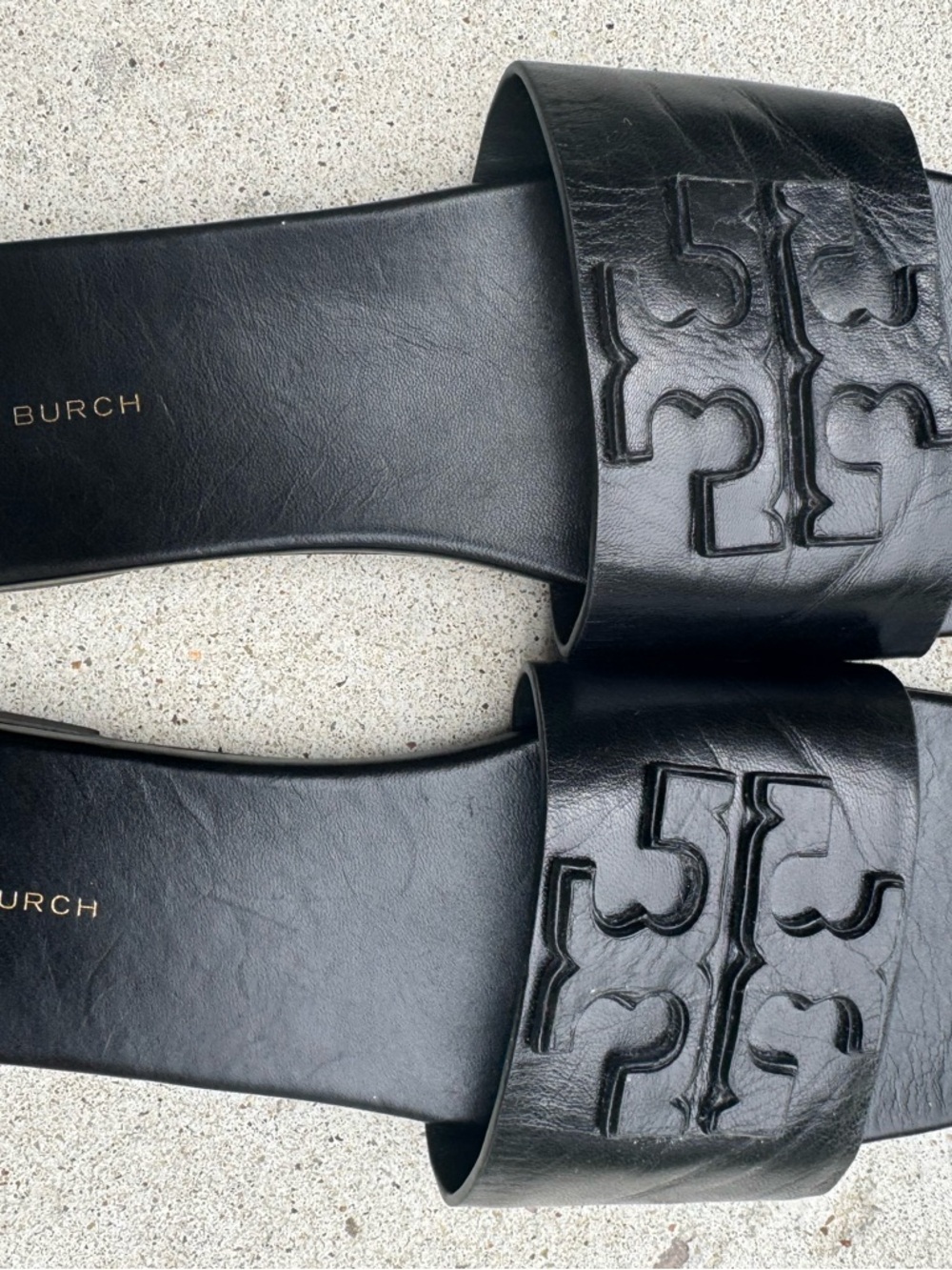 Tory Burch Black Embossed Logo Leather Slides Size 7.5 WORN ONCE EXCELLENT COND